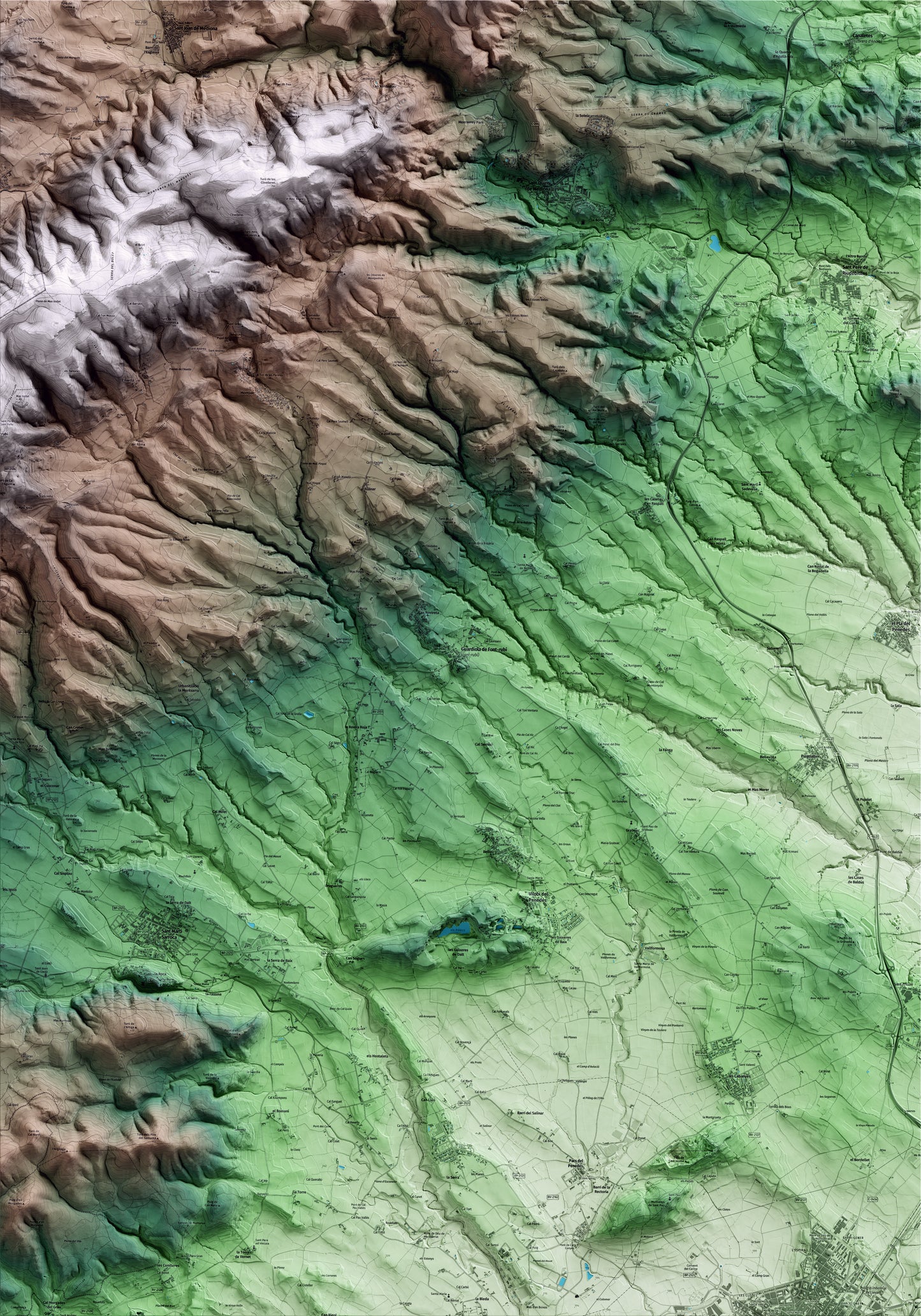 Mapa artístico del relieve de Font-rubí, al Alt Penedès, con 15 km de entorno y base topográfica ICGC