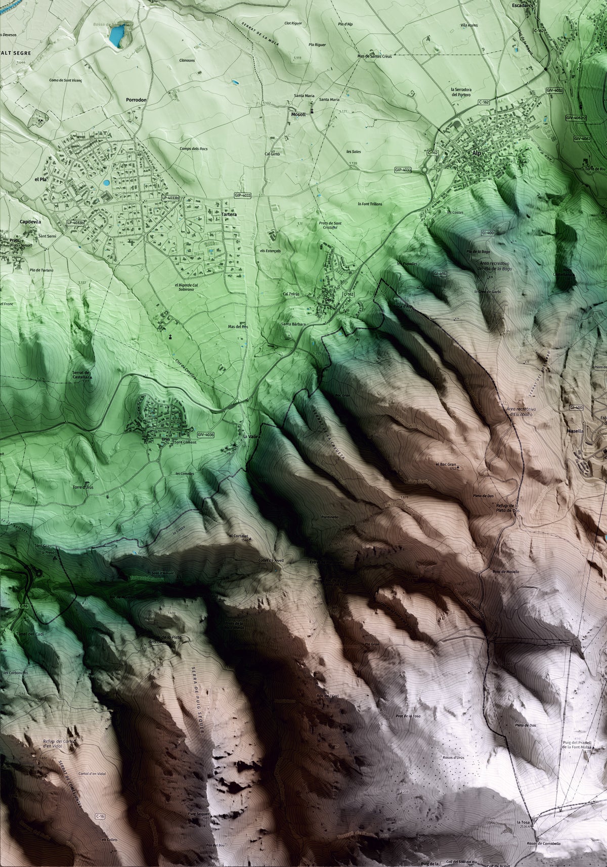 Mapa artístico del relieve de Fontanals de Cerdanya, a la Cerdanya, con 15 km de entorno y base topográfica ICGC. Detalle de la zona inferior izquierda.