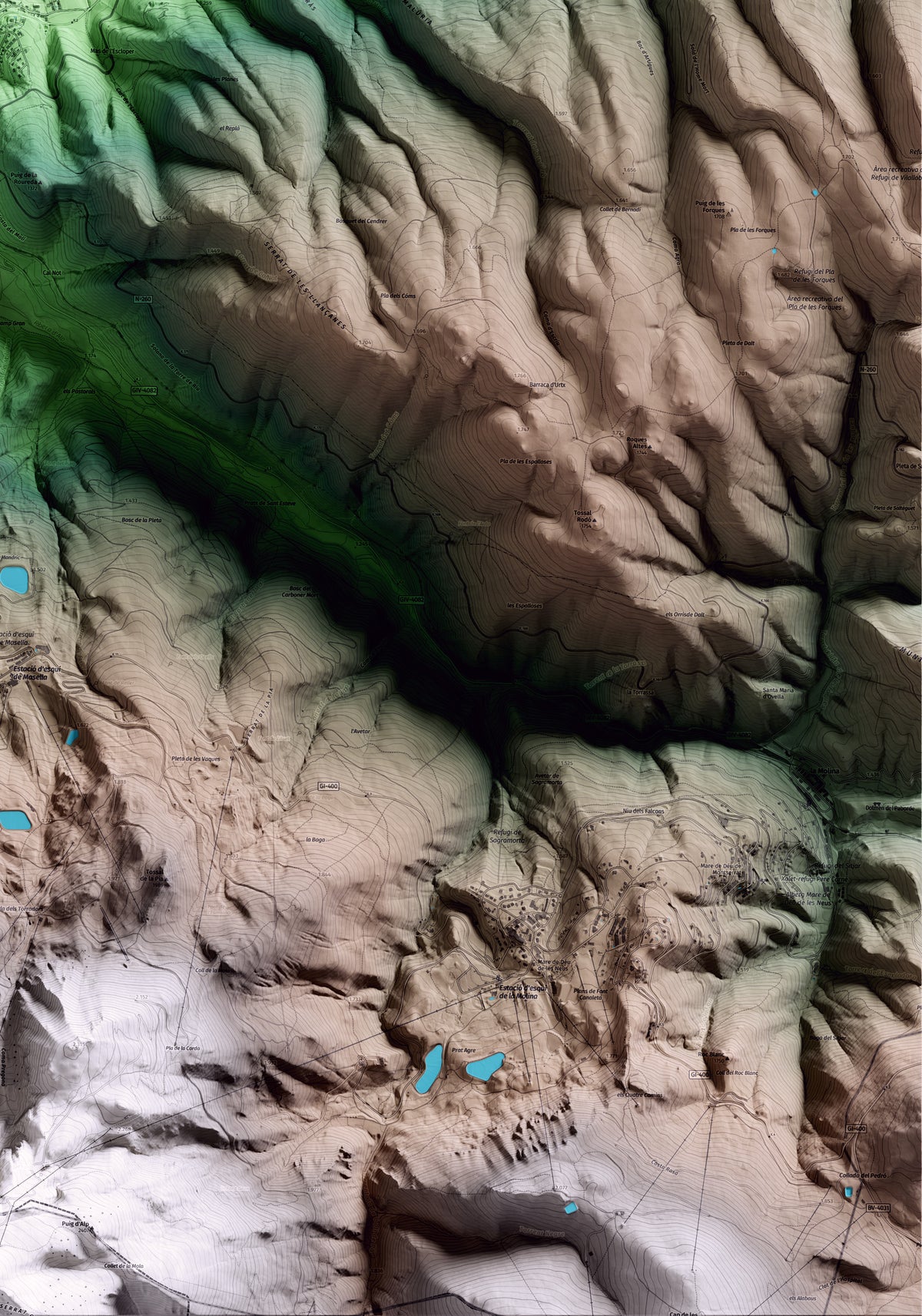 Mapa artístico del relieve de Fontanals de Cerdanya, a la Cerdanya, con 15 km de entorno y base topográfica ICGC. Detalle de la zona inferior derecha.