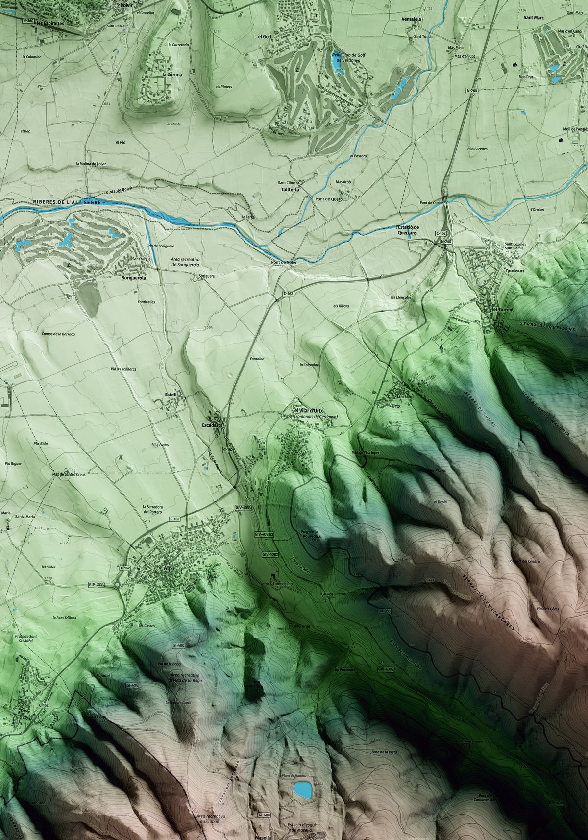 Mapa artístico del relieve de Fontanals de Cerdanya, a la Cerdanya, con 15 km de entorno y base topográfica ICGC. Detalle de la zona central.