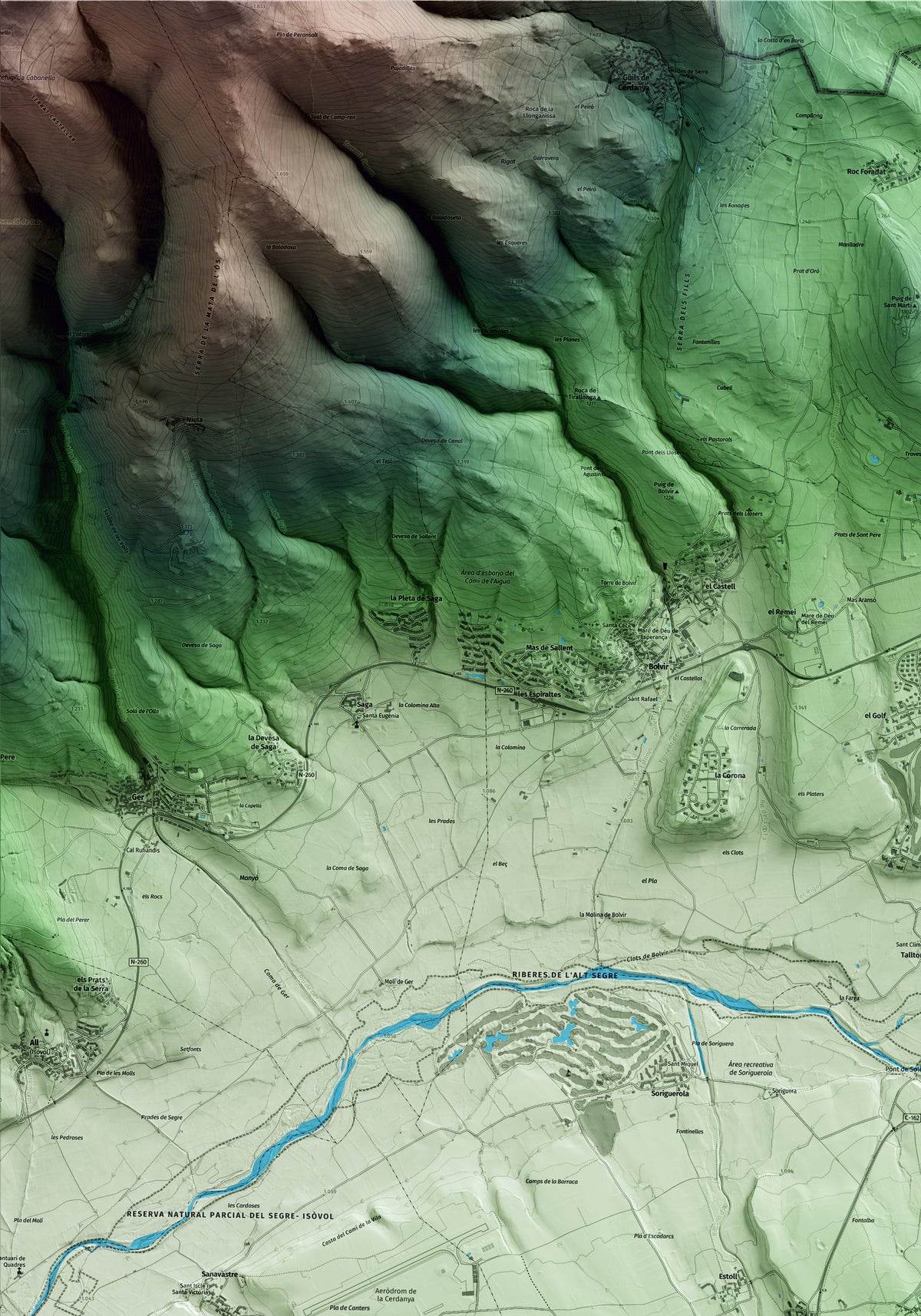 Mapa artístico del relieve de Fontanals de Cerdanya, a la Cerdanya, con 15 km de entorno y base topográfica ICGC. Detalle de la zona superior izquierda.