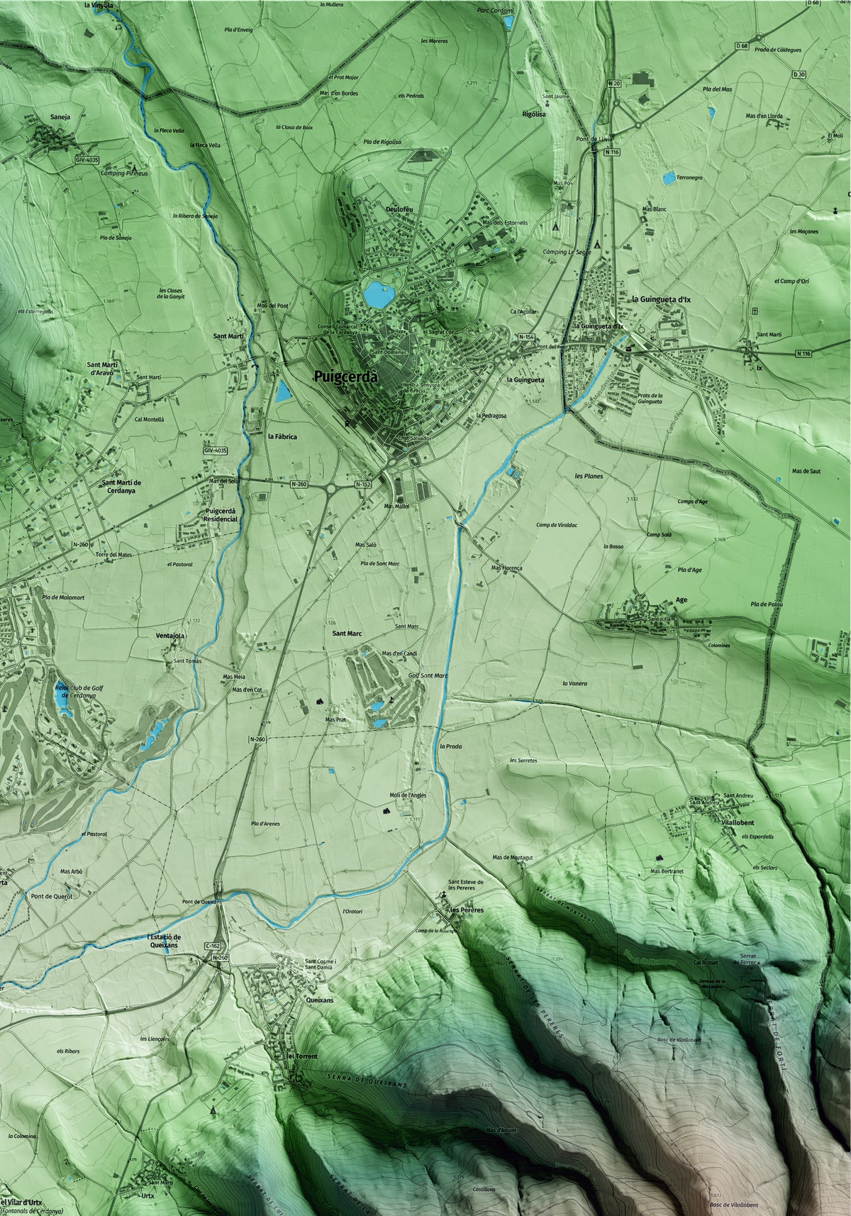 Mapa artístico del relieve de Fontanals de Cerdanya, a la Cerdanya, con 15 km de entorno y base topográfica ICGC. Detalle de la zona superior derecha.