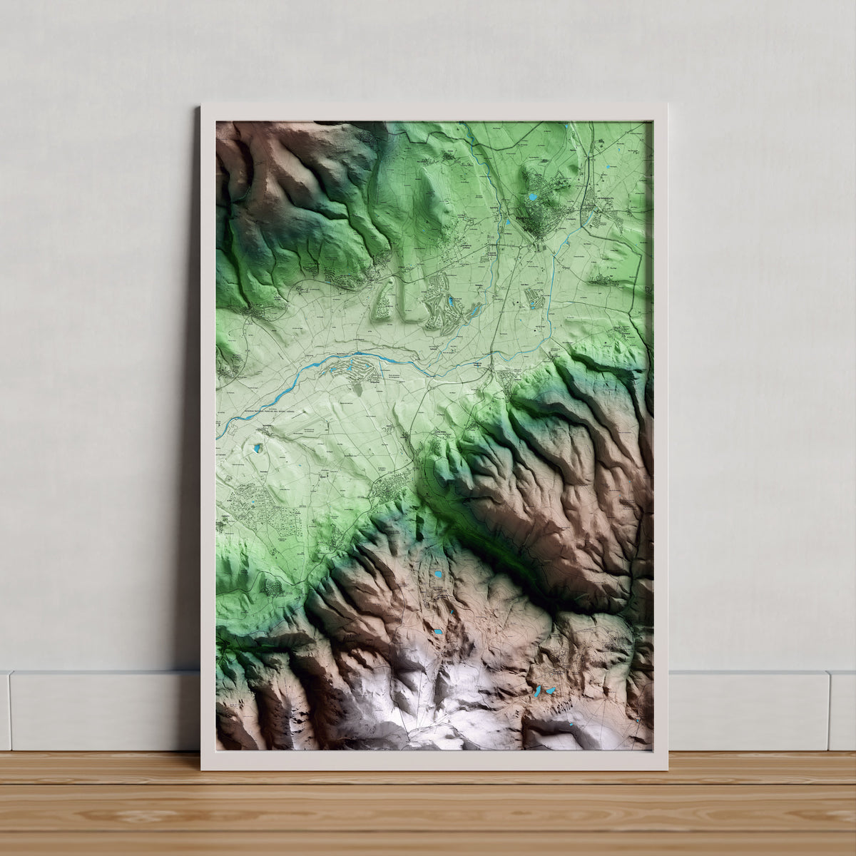 Mapa artístico del relieve de Fontanals de Cerdanya, a la Cerdanya, con 15 km de entorno y base topográfica ICGC. Presentación enmarcada.