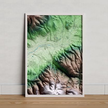 Mapa artístico del relieve de Fontanals de Cerdanya, a la Cerdanya, con 15 km de entorno y base topográfica ICGC. Presentación enmarcada.