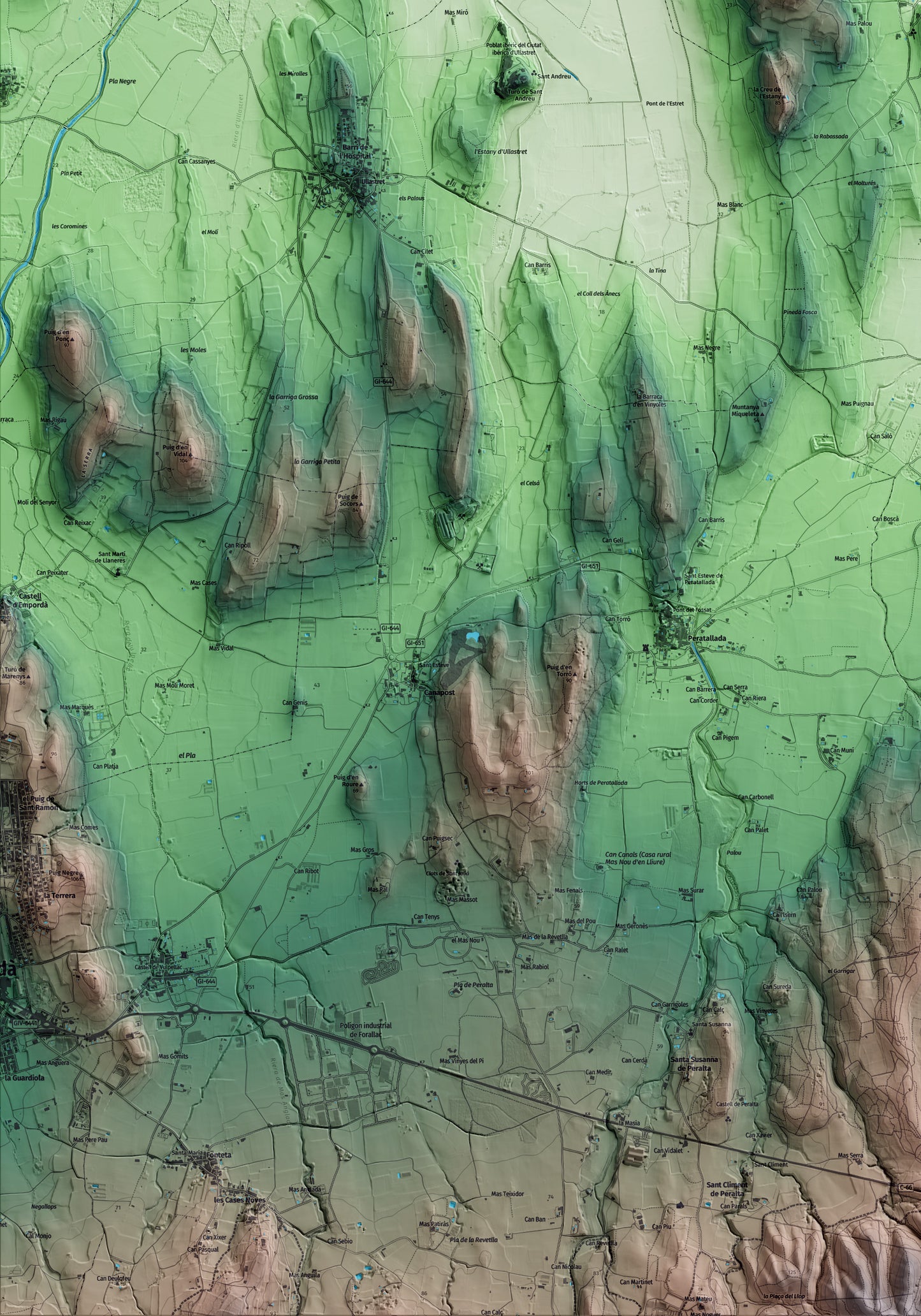 Mapa artístico del relieve de Fontanilles, al Baix Empordà, con 15 km de entorno y base topográfica ICGC. Detalle de la zona inferior izquierda.