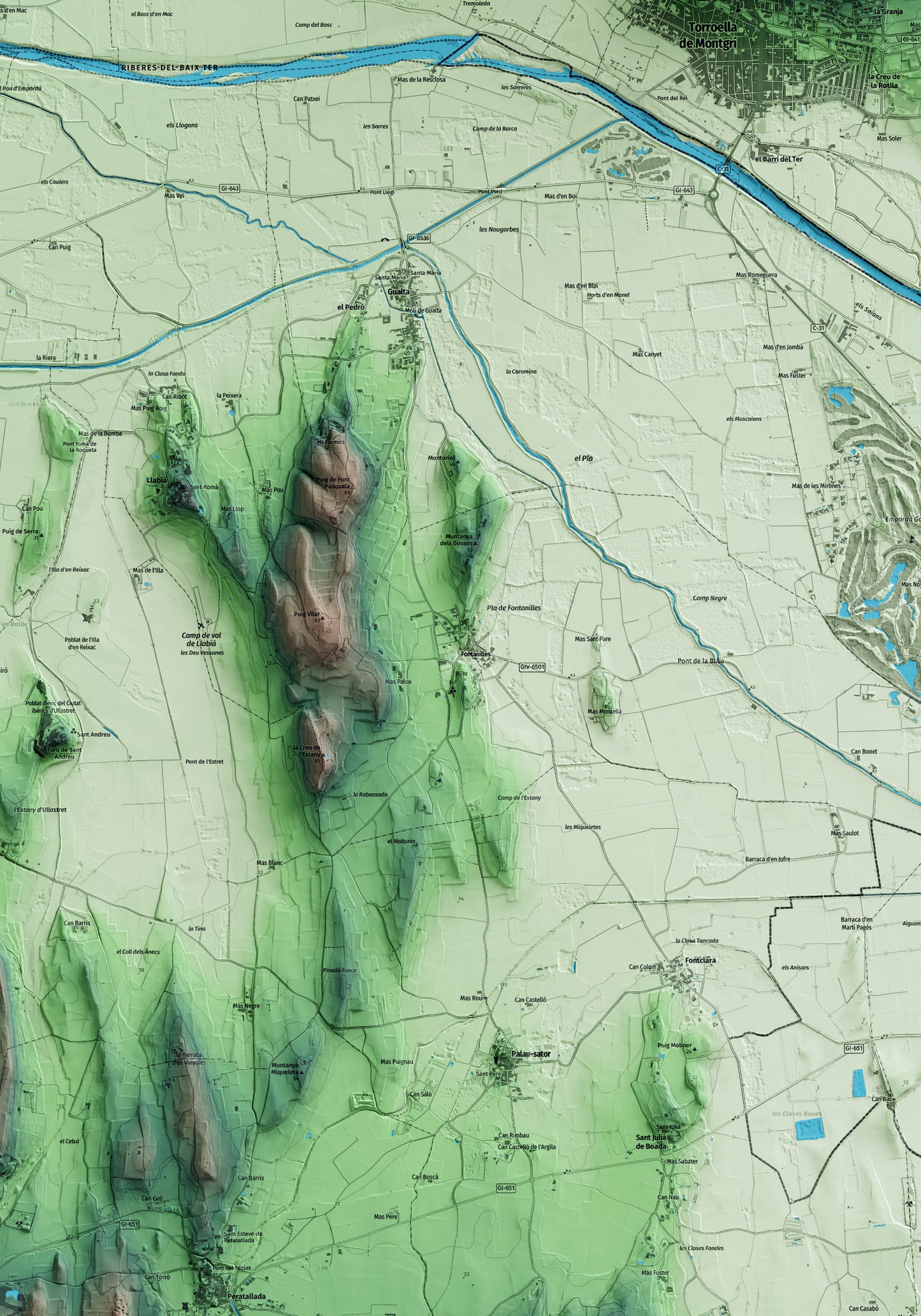 Mapa artístico del relieve de Fontanilles, al Baix Empordà, con 15 km de entorno y base topográfica ICGC. Detalle de la zona central.
