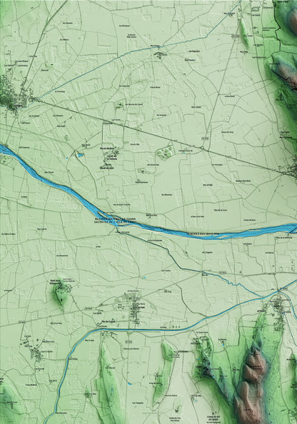 Mapa artístico del relieve de Fontanilles, al Baix Empordà, con 15 km de entorno y base topográfica ICGC. Detalle de la zona superior izquierda.