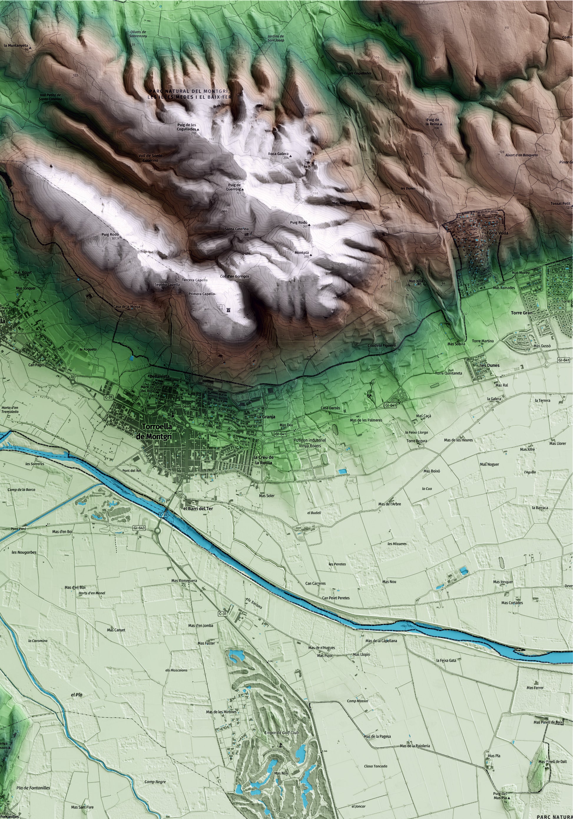 Mapa artístico del relieve de Fontanilles, al Baix Empordà, con 15 km de entorno y base topográfica ICGC. Detalle de la zona superior derecha.