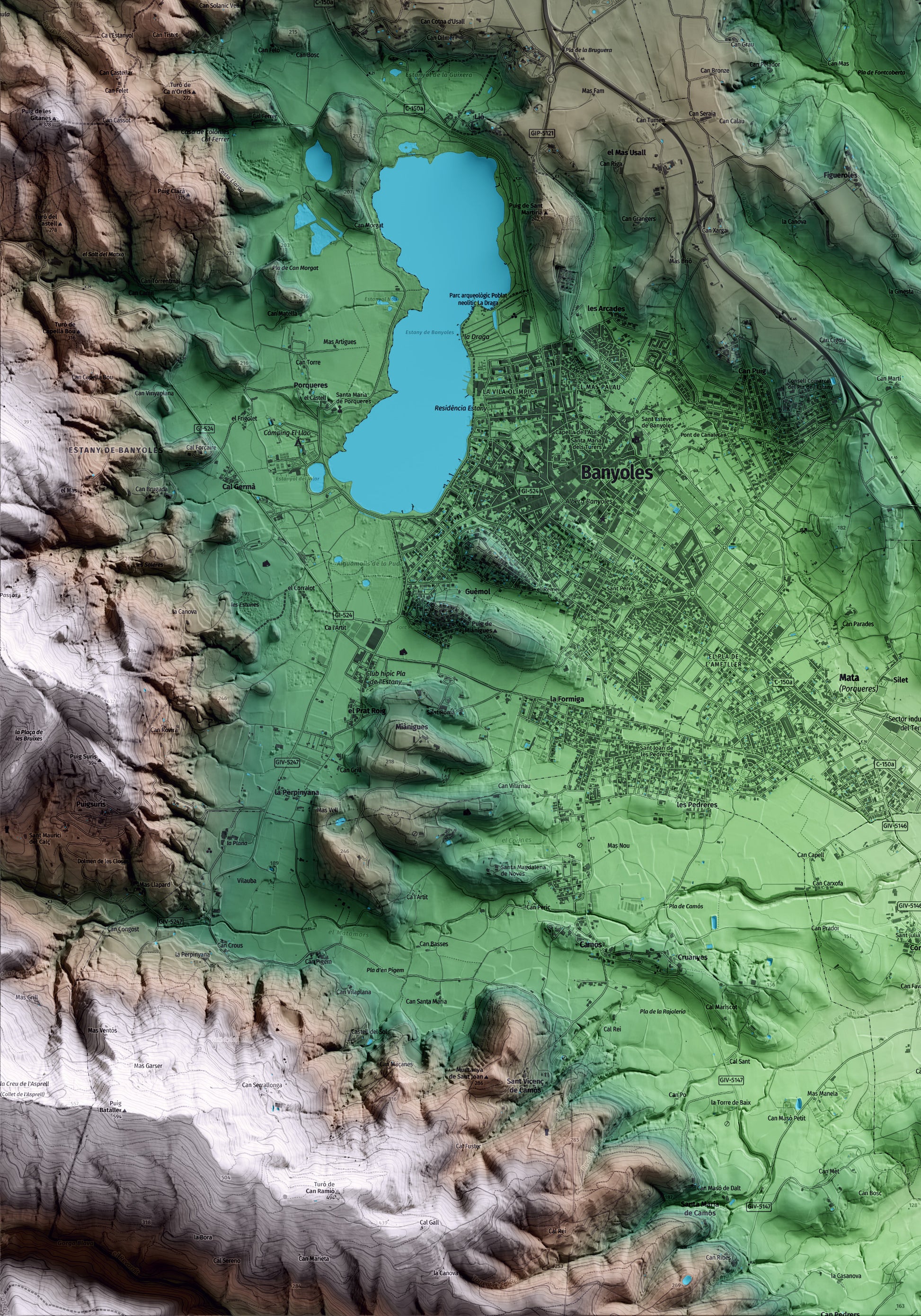 Mapa artístico del relieve de Fontcoberta, en el Pla de l'Estany, con 15 km de entorno y base topográfica ICGC. Detalle de la zona inferior izquierda.