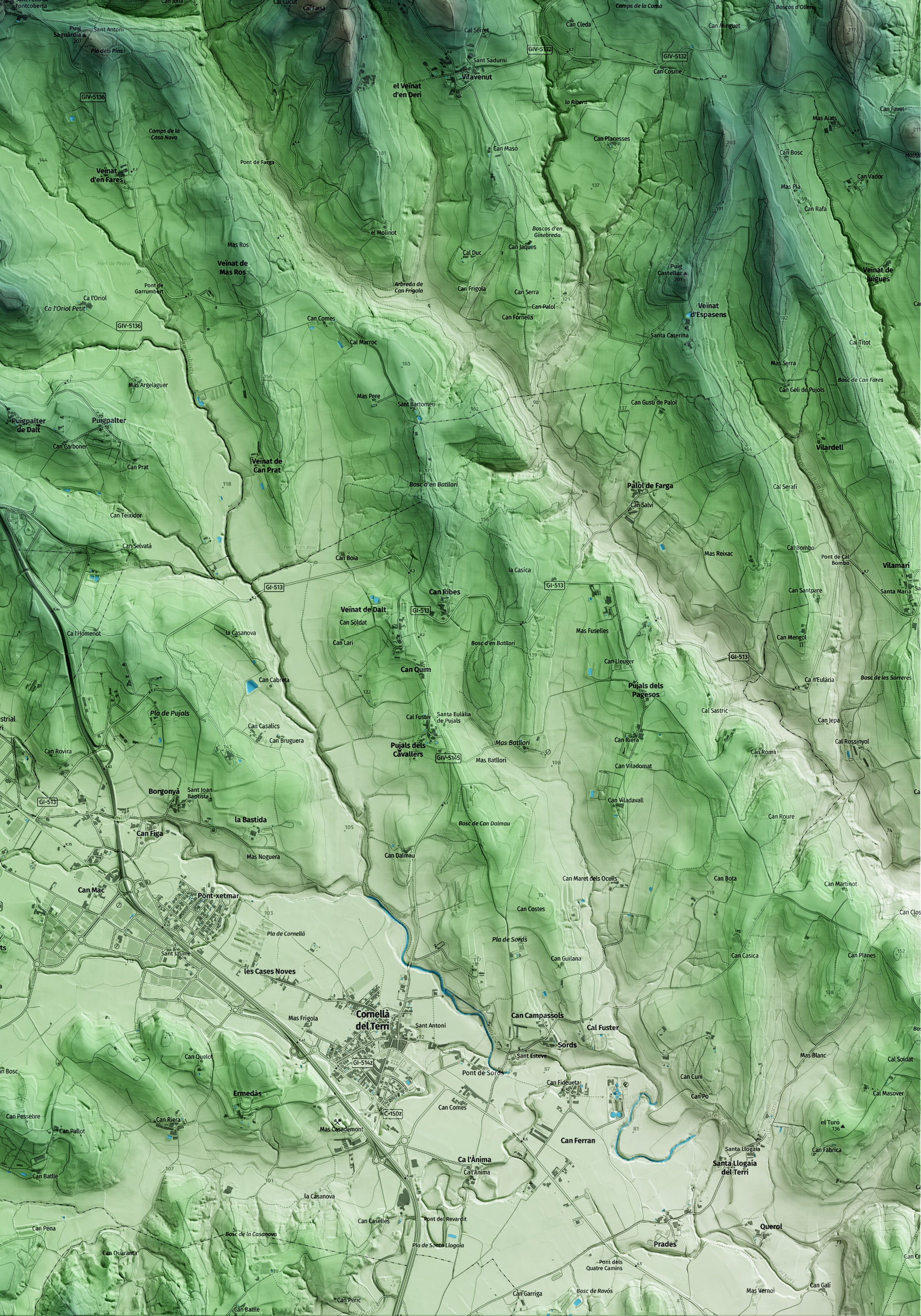 Mapa artístico del relieve de Fontcoberta, en el Pla de l'Estany, con 15 km de entorno y base topográfica ICGC. Detalle de la zona inferior derecha.