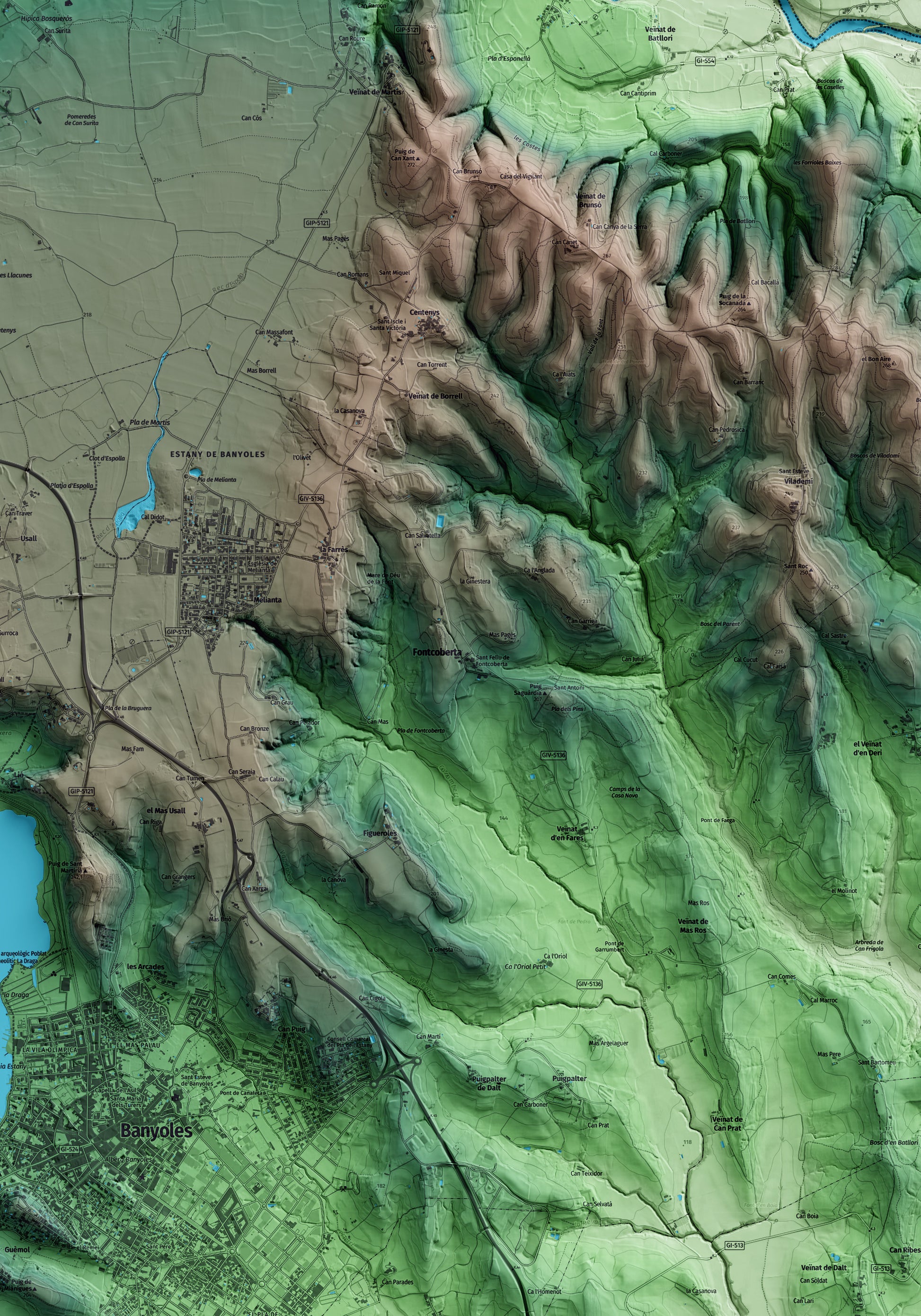 Mapa artístico del relieve de Fontcoberta, en el Pla de l'Estany, con 15 km de entorno y base topográfica ICGC. Detalle de la zona central.