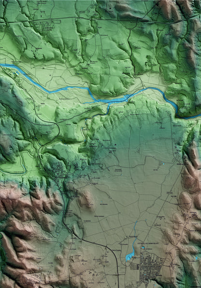 Mapa artístico del relieve de Fontcoberta, en el Pla de l'Estany, con 15 km de entorno y base topográfica ICGC. Detalle de la zona superior izquierda.