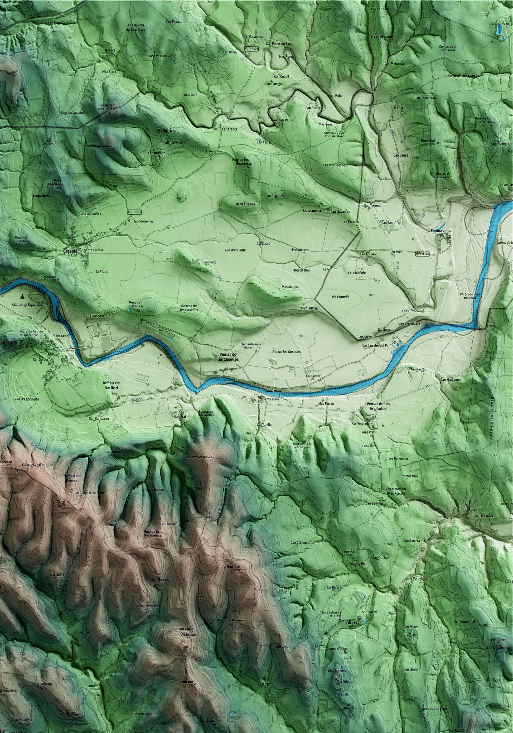 Mapa artístico del relieve de Fontcoberta, en el Pla de l'Estany, con 15 km de entorno y base topográfica ICGC. Detalle de la zona superior derecha.