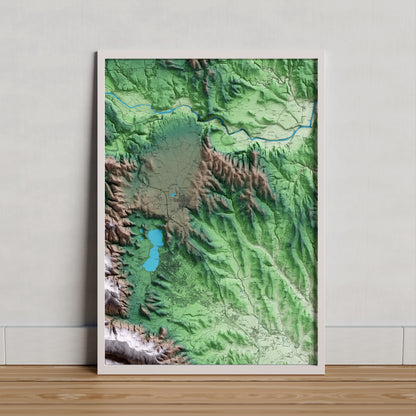 Mapa artístico del relieve de Fontcoberta, en el Pla de l'Estany, con 15 km de entorno y base topográfica ICGC. Presentación enmarcada.
