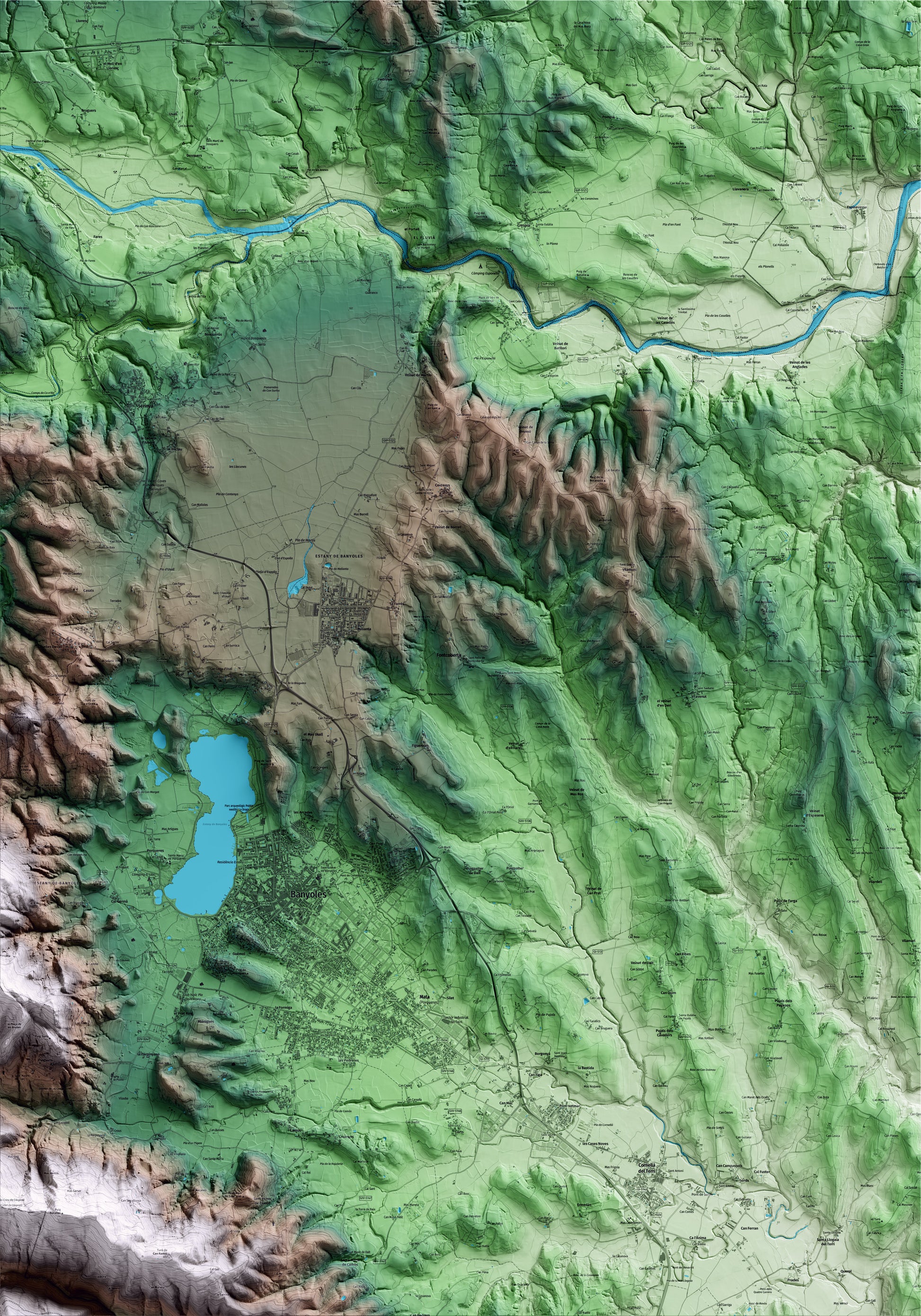 Mapa artístico del relieve de Fontcoberta, en el Pla de l'Estany, con 15 km de entorno y base topográfica ICGC