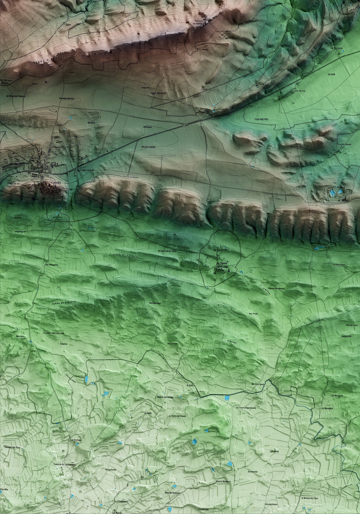Mapa artístico del relieve de Foradada, a la Noguera, con 15 km de entorno y base topográfica ICGC. Detalle de la zona inferior izquierda.