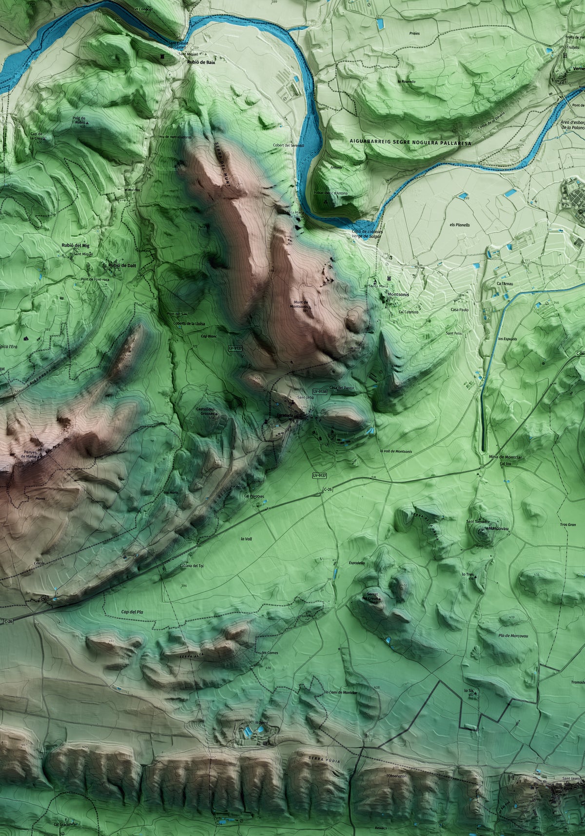 Mapa artístico del relieve de Foradada, a la Noguera, con 15 km de entorno y base topográfica ICGC. Detalle de la zona central.