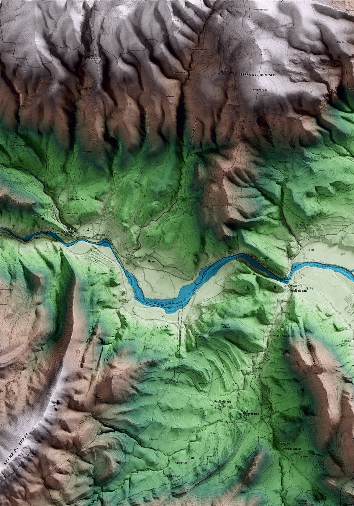 Mapa artístico del relieve de Foradada, a la Noguera, con 15 km de entorno y base topográfica ICGC. Detalle de la zona superior izquierda.