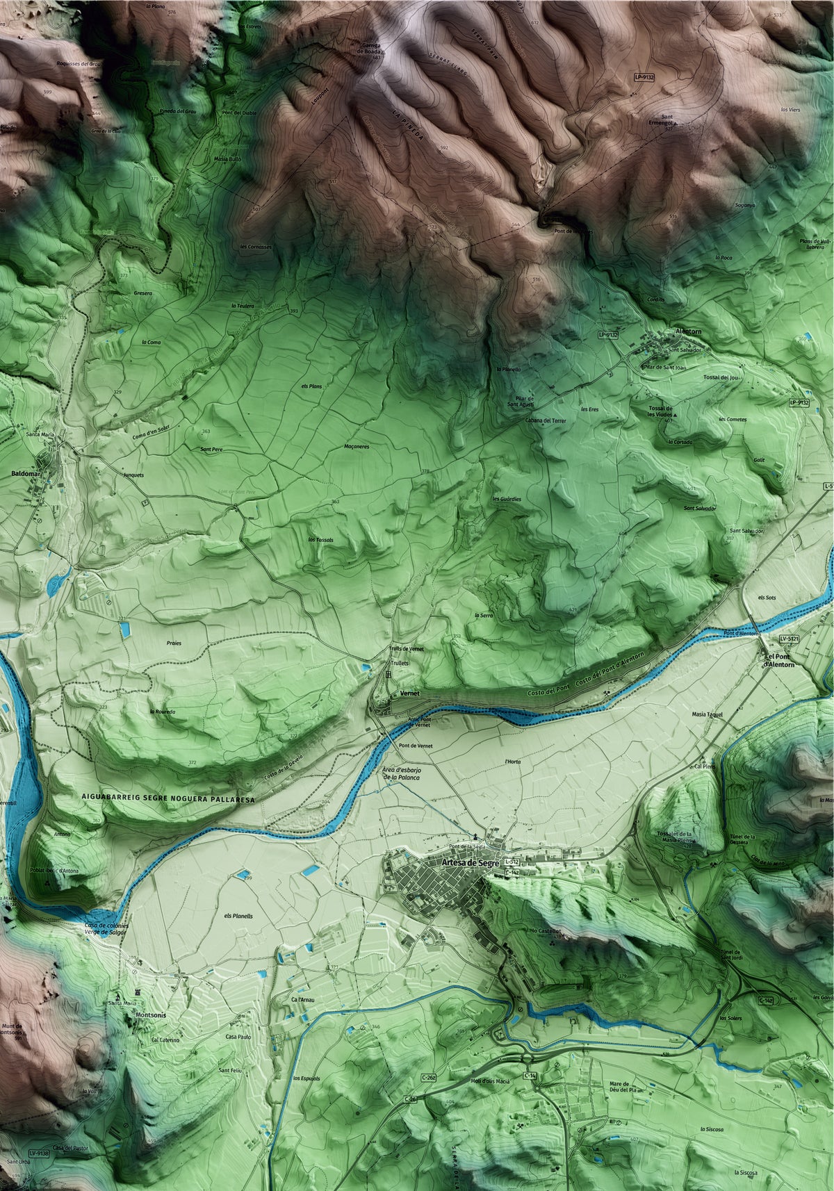 Mapa artístico del relieve de Foradada, a la Noguera, con 15 km de entorno y base topográfica ICGC. Detalle de la zona superior derecha.