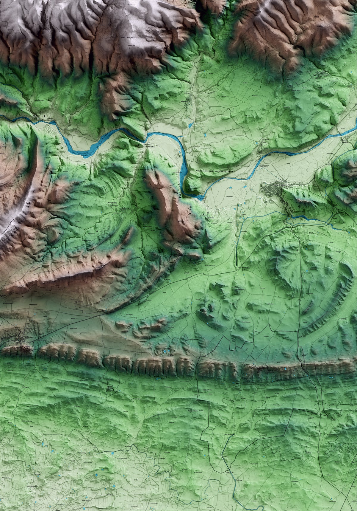 Mapa artístico del relieve de Foradada, a la Noguera, con 15 km de entorno y base topográfica ICGC