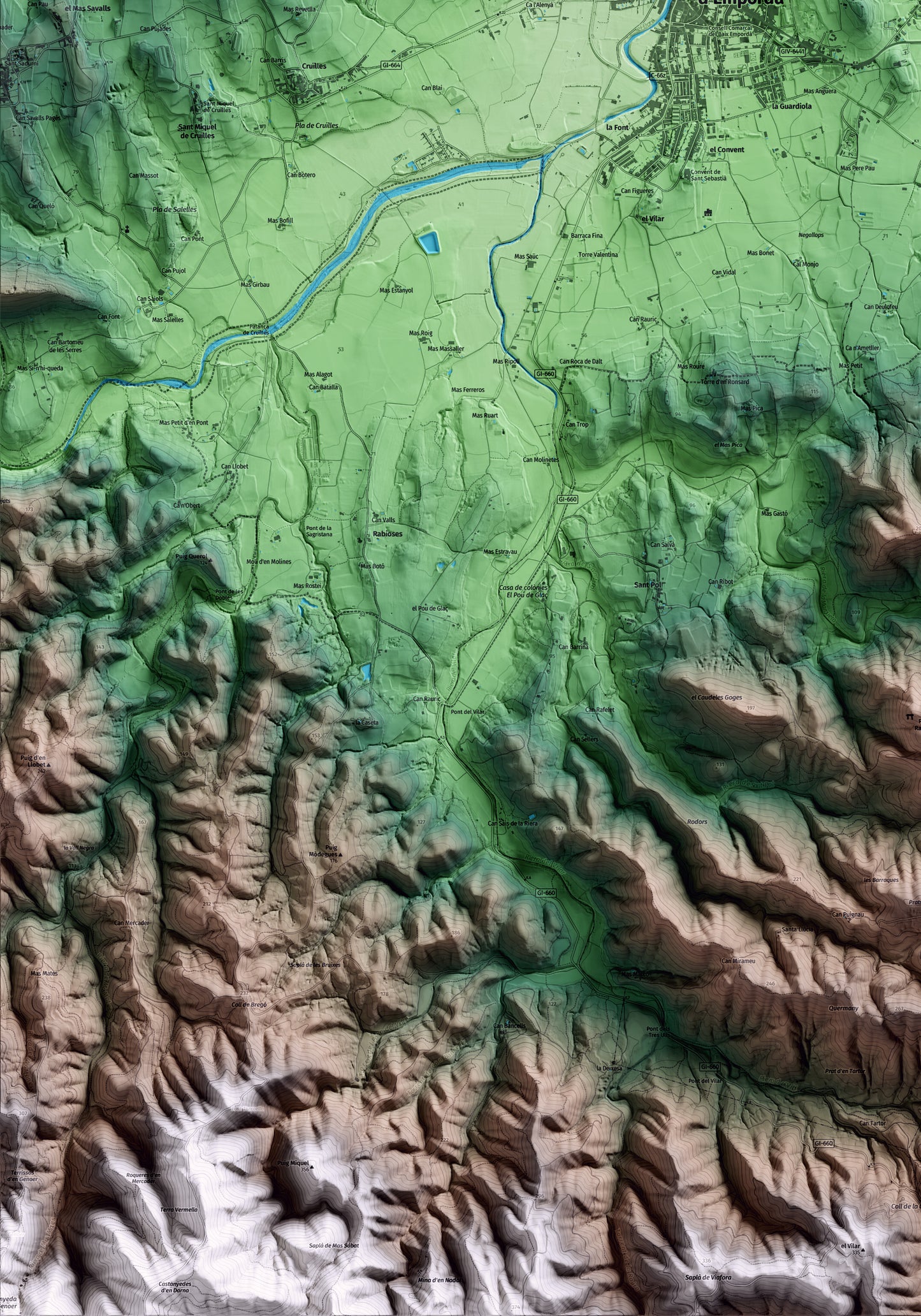 Mapa artístico del relieve de Forallac, al Baix Empordà, con 15 km de entorno y base topográfica ICGC. Detalle de la zona inferior izquierda.