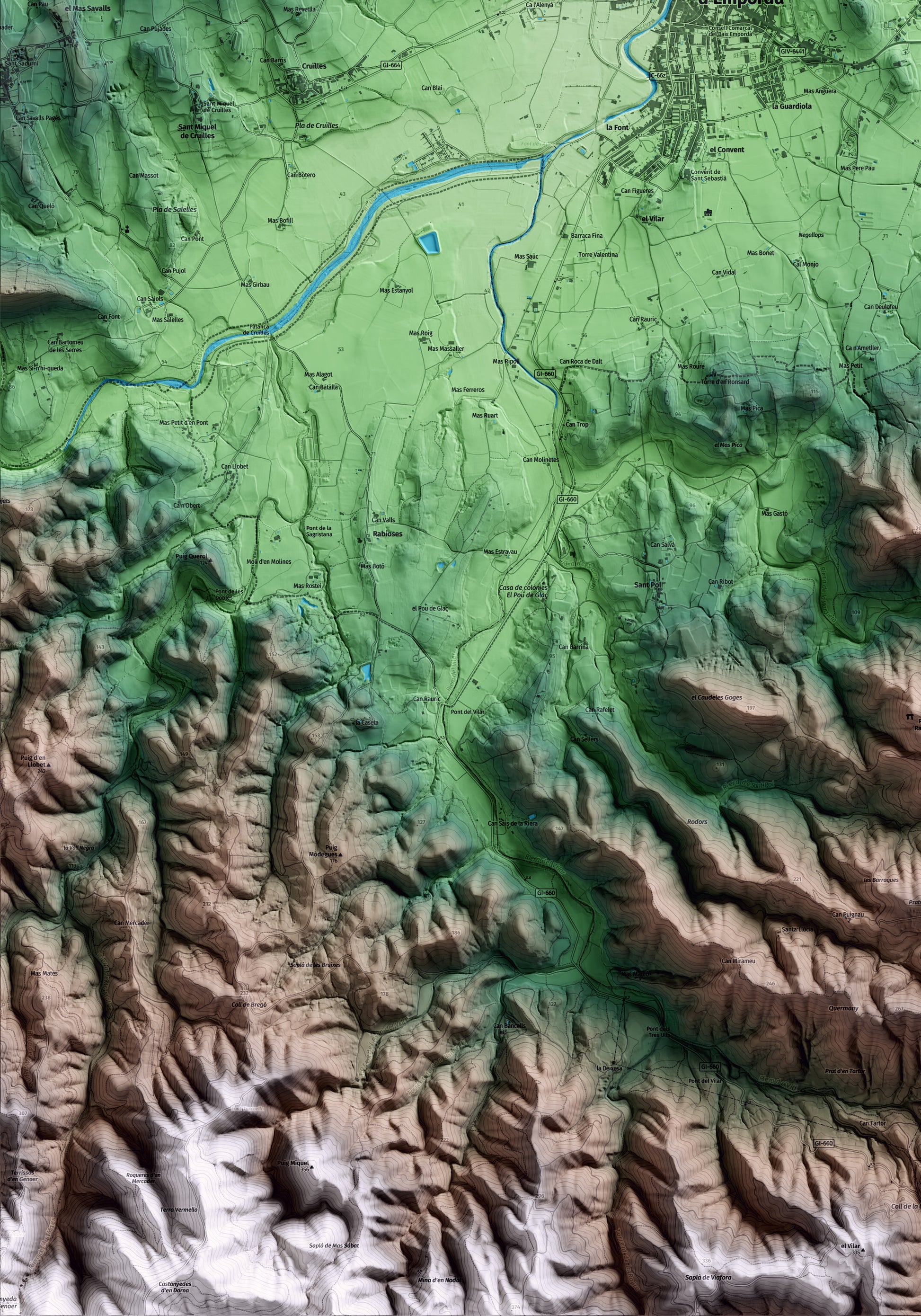 Mapa artístico del relieve de Forallac, al Baix Empordà, con 15 km de entorno y base topográfica ICGC. Detalle de la zona inferior izquierda.