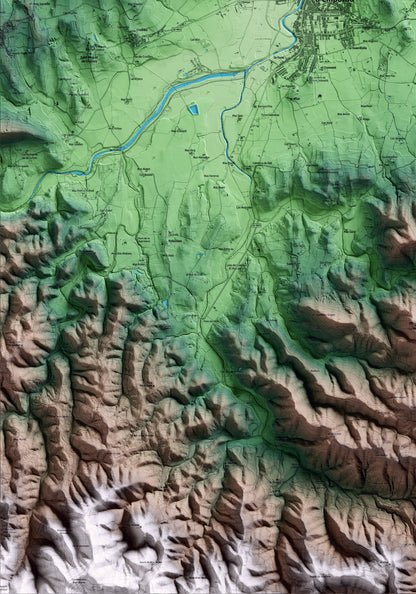 Mapa artístico del relieve de Forallac, al Baix Empordà, con 15 km de entorno y base topográfica ICGC. Detalle de la zona inferior izquierda.
