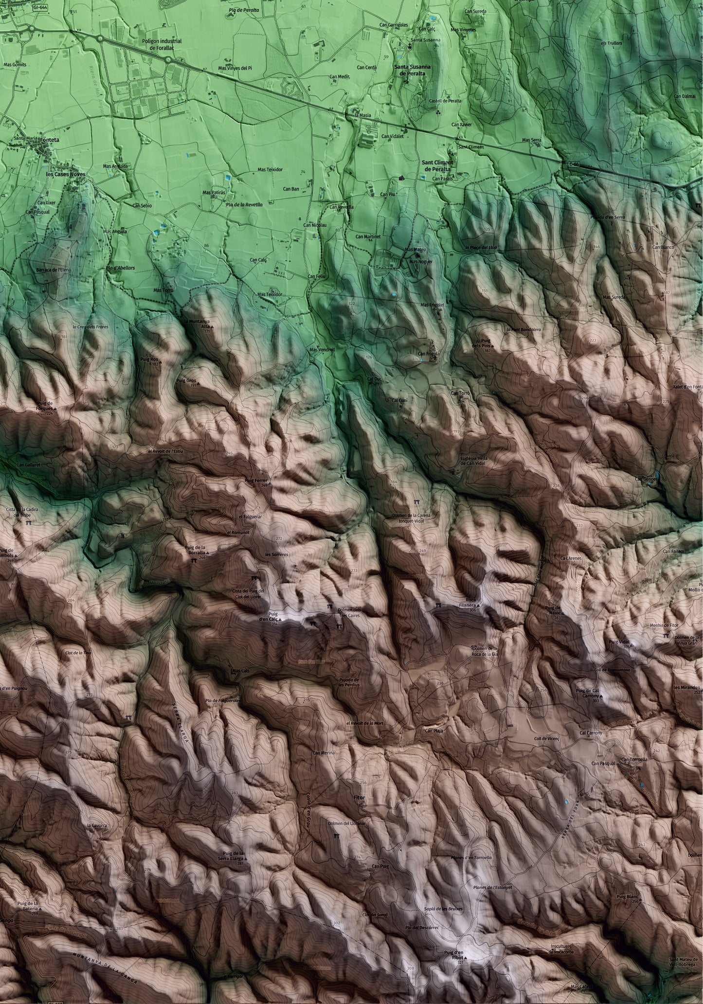 Mapa artístico del relieve de Forallac, al Baix Empordà, con 15 km de entorno y base topográfica ICGC. Detalle de la zona inferior derecha.