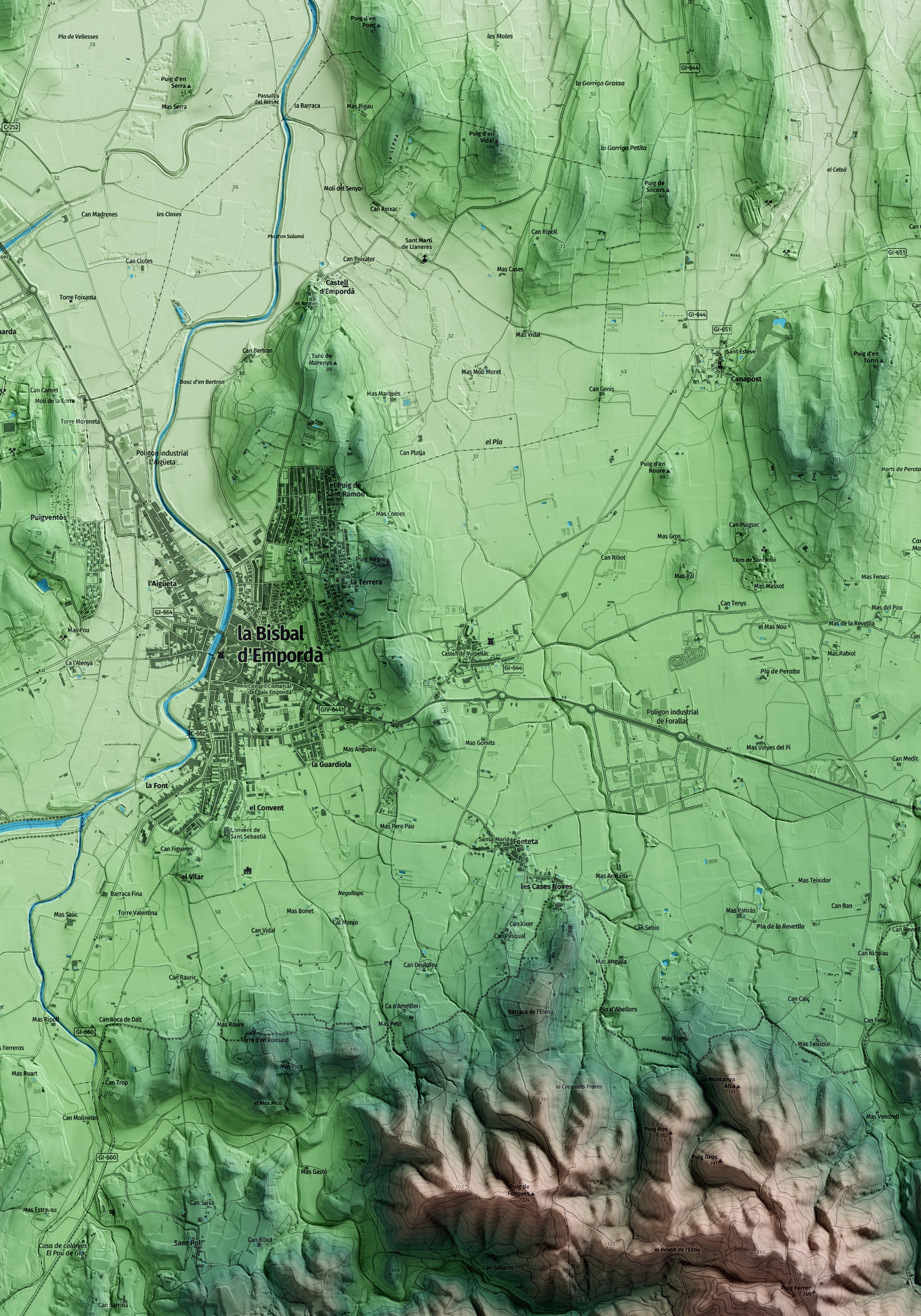 Mapa artístico del relieve de Forallac, al Baix Empordà, con 15 km de entorno y base topográfica ICGC. Detalle de la zona central.
