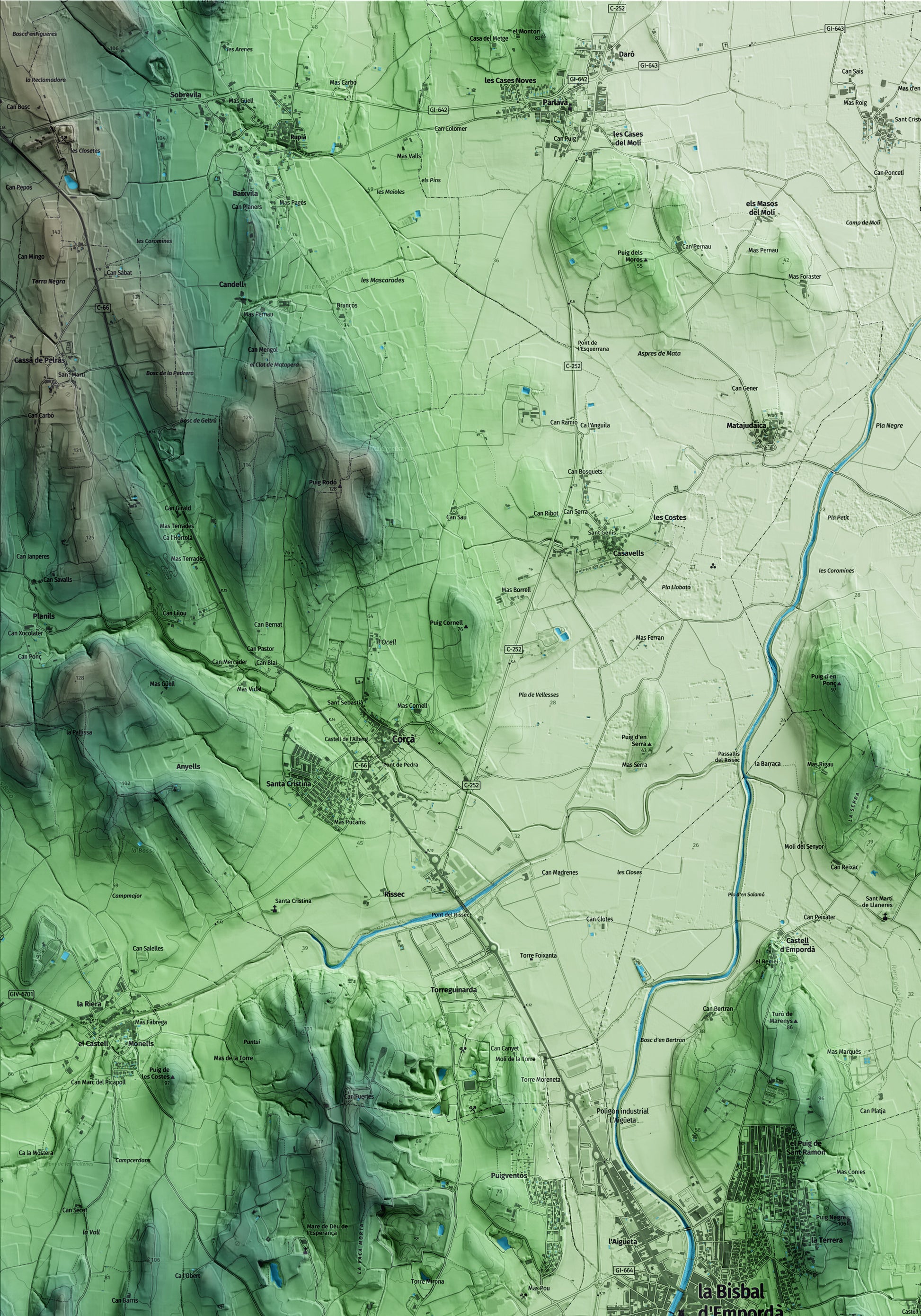 Mapa artístico del relieve de Forallac, al Baix Empordà, con 15 km de entorno y base topográfica ICGC. Detalle de la zona superior izquierda.