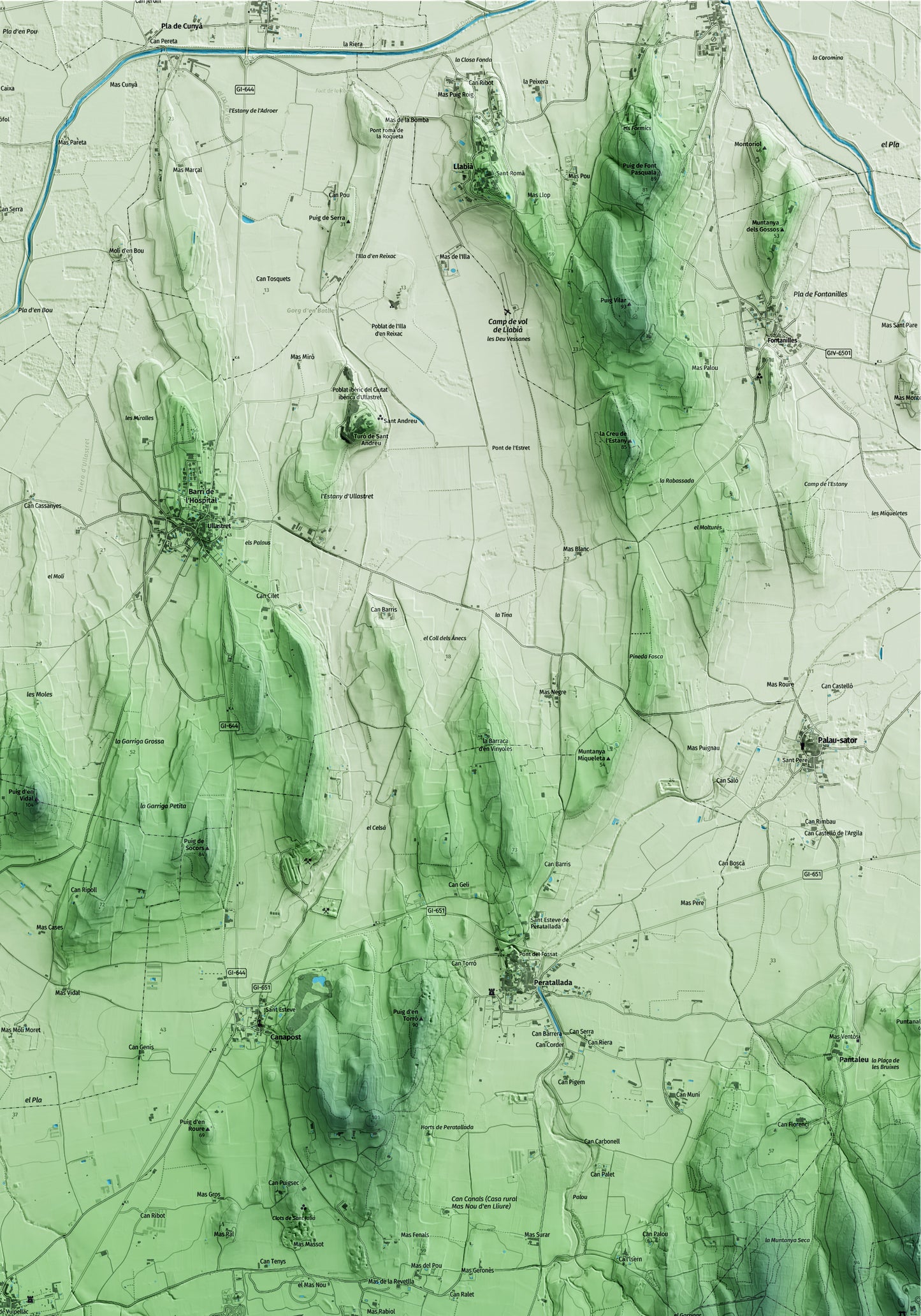 Mapa artístico del relieve de Forallac, al Baix Empordà, con 15 km de entorno y base topográfica ICGC. Detalle de la zona superior derecha.