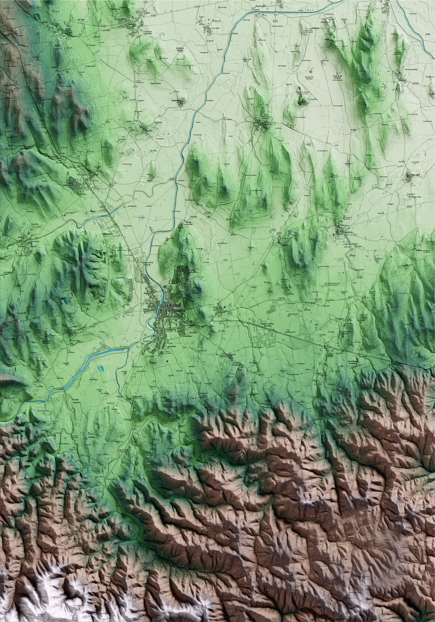 Mapa artístico del relieve de Forallac, al Baix Empordà, con 15 km de entorno y base topográfica ICGC