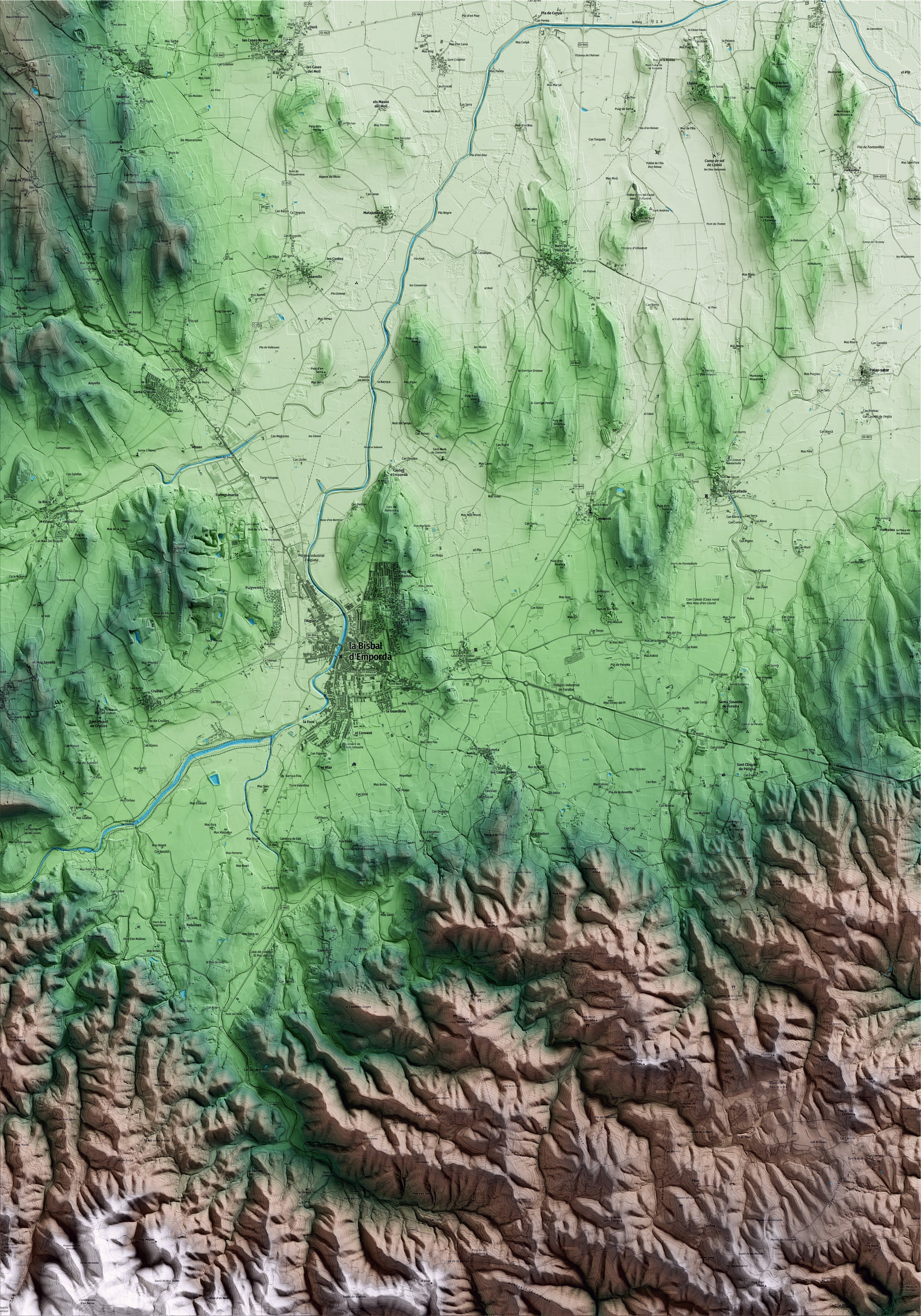 Mapa artístico del relieve de Forallac, al Baix Empordà, con 15 km de entorno y base topográfica ICGC