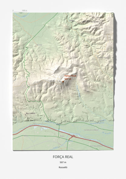Mapa de relieve de Força Real, 507 m, Rosselló, lámina 100 Cims de Trobart 21 × 30 cm.
