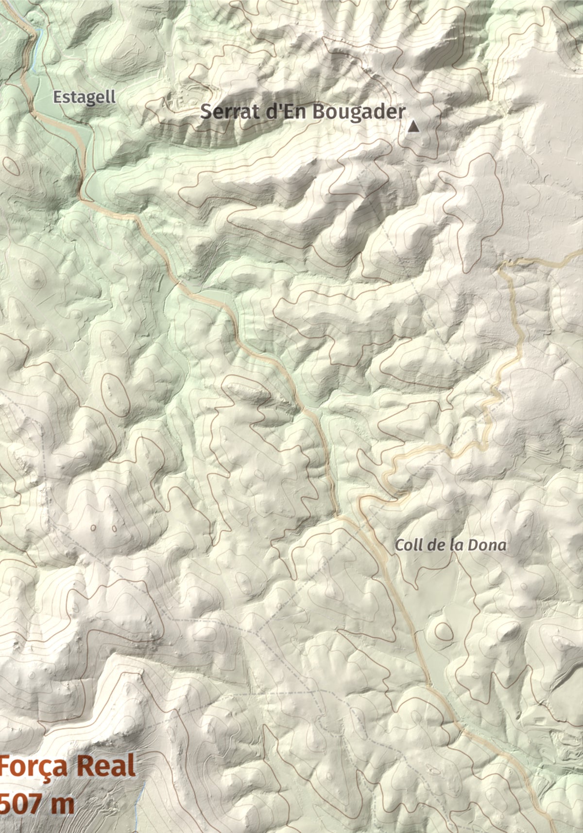 Mapa de relieve de Força Real, 507 m, Rosselló, lámina 100 Cims de Trobart. Detalle de la zona superior derecha. 21 × 30 cm.
