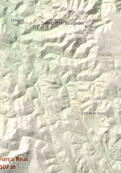 Mapa de relieve de Força Real, 507 m, Rosselló, lámina 100 Cims de Trobart. Detalle de la zona superior derecha. 21 × 30 cm.