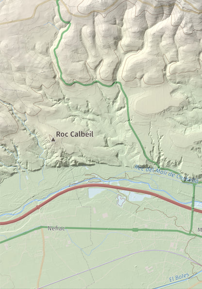 Mapa de relieve de Força Real, 507 m, Rosselló, lámina 100 Cims de Trobart. Detalle de la zona inferior izquierda. 21 × 30 cm.