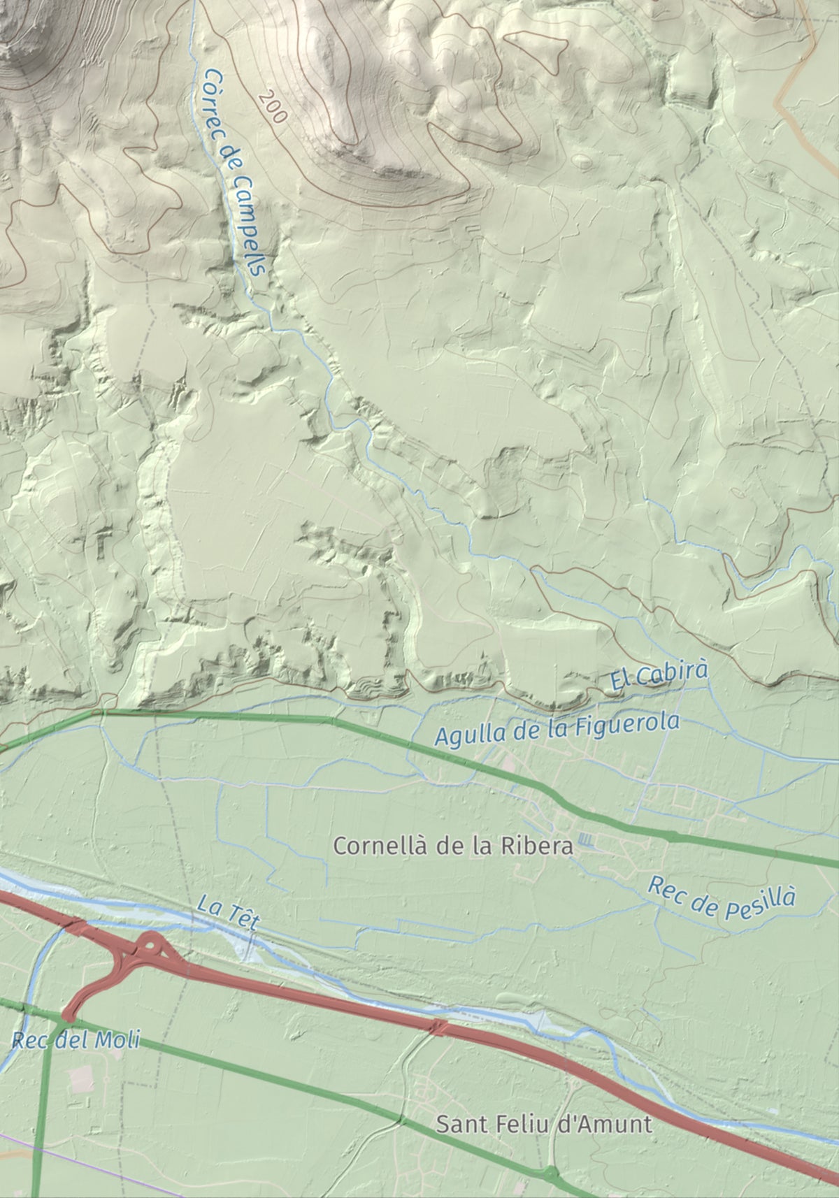 Mapa de relieve de Força Real, 507 m, Rosselló, lámina 100 Cims de Trobart. Detalle de la zona inferior derecha. 21 × 30 cm.
