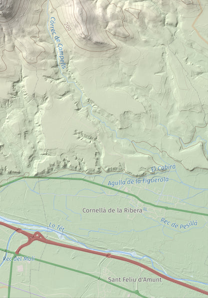Mapa de relieve de Força Real, 507 m, Rosselló, lámina 100 Cims de Trobart. Detalle de la zona inferior derecha. 21 × 30 cm.
