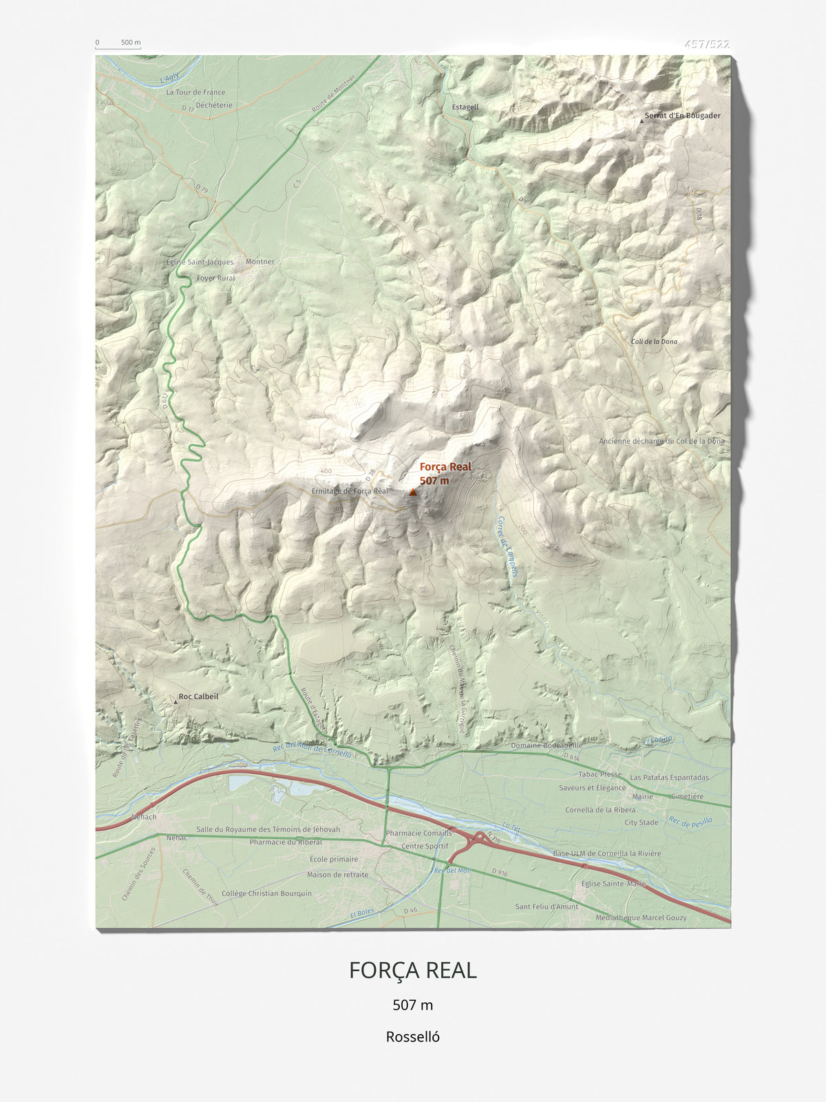Mapa de relieve de Força Real, 507 m, Rosselló, lámina 100 Cims de Trobart 30 × 40 cm.