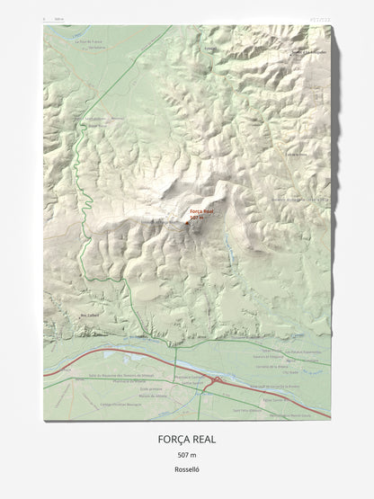 Mapa de relieve de Força Real, 507 m, Rosselló, lámina 100 Cims de Trobart 30 × 40 cm.