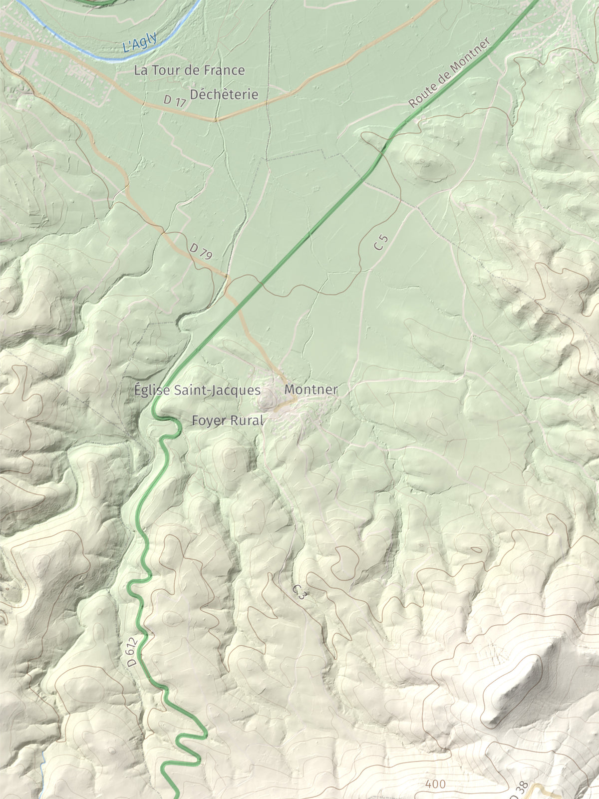 Mapa de relieve de Força Real, 507 m, Rosselló, lámina 100 Cims de Trobart. Detalle de la zona superior izquierda. 30 × 40 cm.