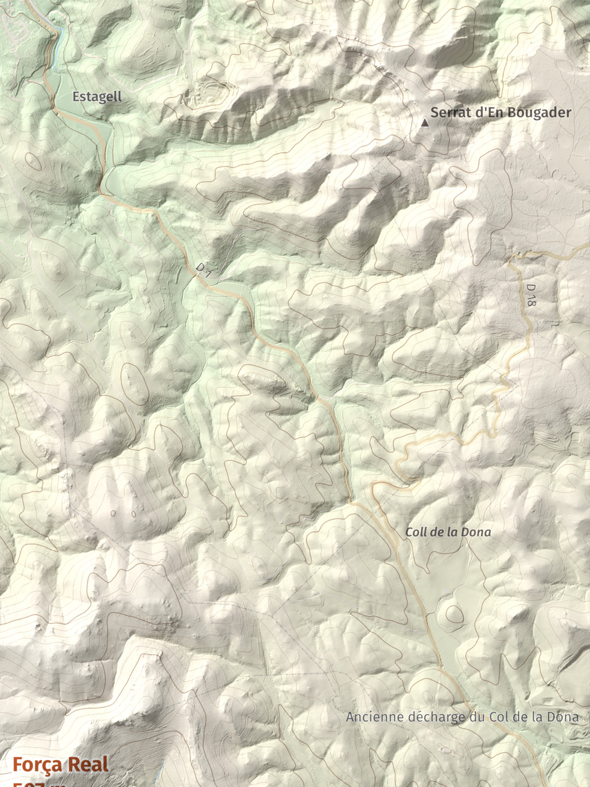 Mapa de relieve de Força Real, 507 m, Rosselló, lámina 100 Cims de Trobart. Detalle de la zona superior derecha. 30 × 40 cm.