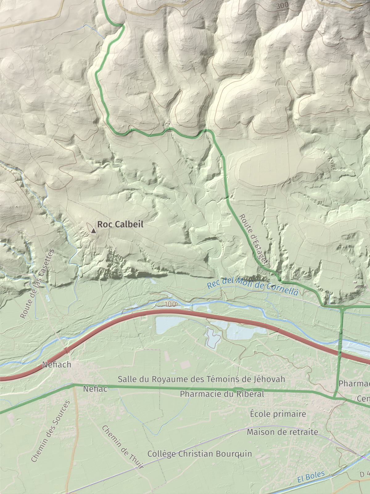 Mapa de relieve de Força Real, 507 m, Rosselló, lámina 100 Cims de Trobart. Detalle de la zona inferior izquierda. 30 × 40 cm.