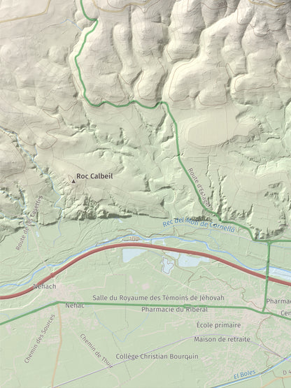 Mapa de relieve de Força Real, 507 m, Rosselló, lámina 100 Cims de Trobart. Detalle de la zona inferior izquierda. 30 × 40 cm.