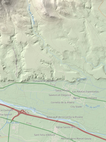 Mapa de relieve de Força Real, 507 m, Rosselló, lámina 100 Cims de Trobart. Detalle de la zona inferior derecha. 30 × 40 cm.