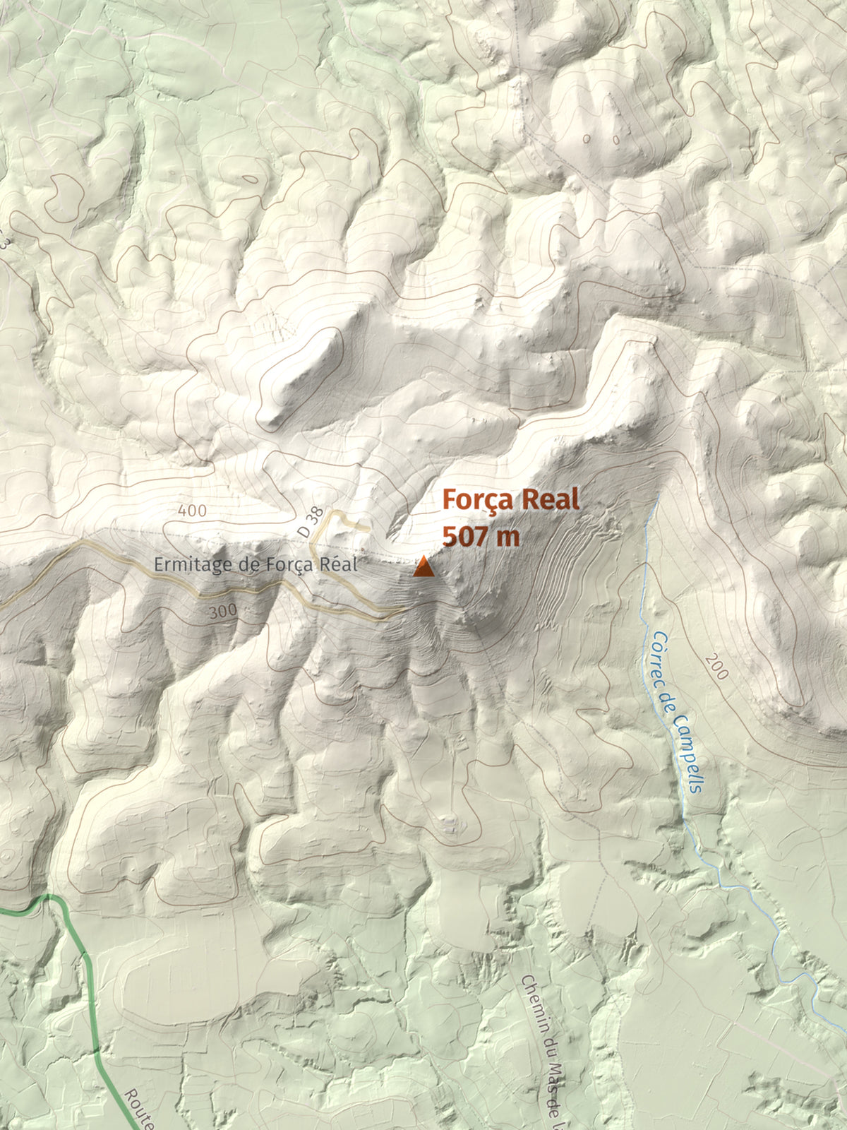 Mapa de relieve de Força Real, 507 m, Rosselló, lámina 100 Cims de Trobart. Detalle de la zona central. 30 × 40 cm.