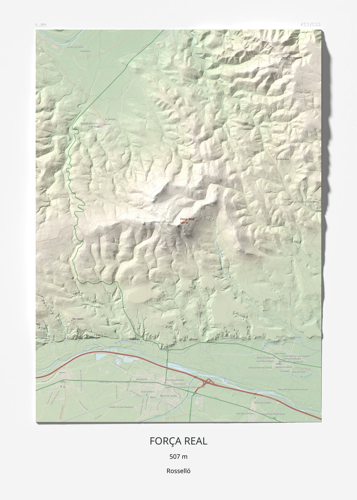 Mapa de relieve de Força Real, 507 m, Rosselló, lámina 100 Cims de Trobart 50 × 70 cm.