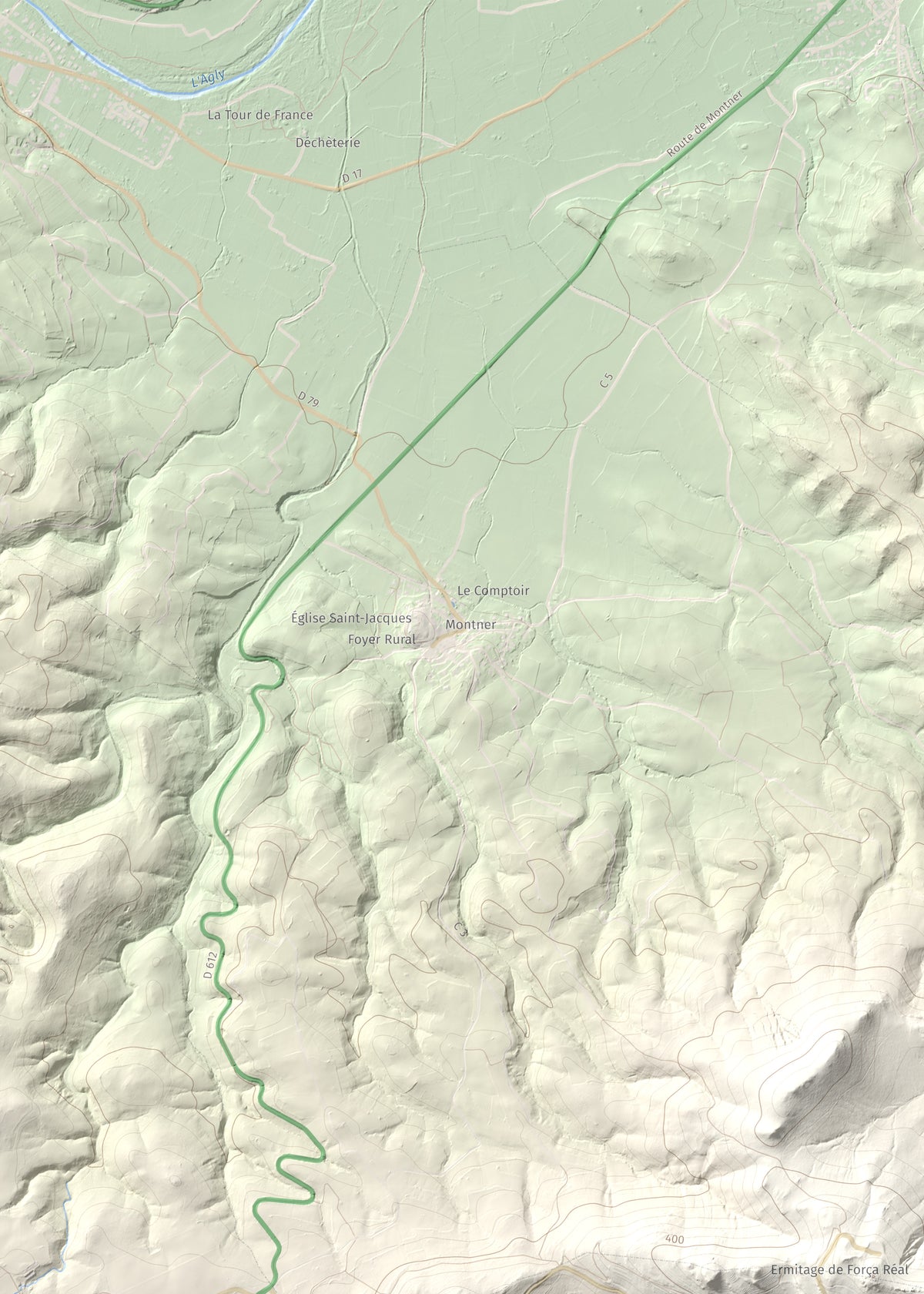 Mapa de relieve de Força Real, 507 m, Rosselló, lámina 100 Cims de Trobart. Detalle de la zona superior izquierda. 50 × 70 cm.