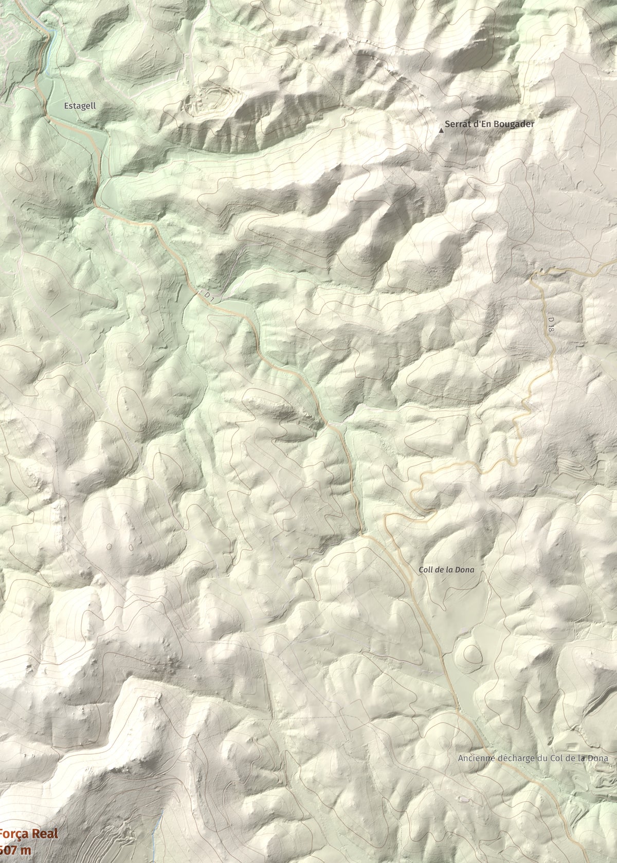 Mapa de relieve de Força Real, 507 m, Rosselló, lámina 100 Cims de Trobart. Detalle de la zona superior derecha. 50 × 70 cm.